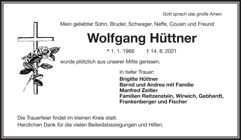  Traueranzeige für WolfgANG hÜTTNER vom 21.08.2021 aus Frankenpost