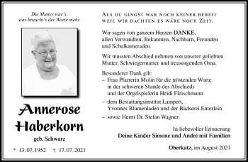 Traueranzeige von Annerose Haberkorn von Südthüringer Presse