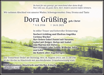 Traueranzeige von Dora Grüßing von Südthüringer Presse