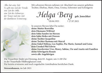 Traueranzeige von Helga Berg von Südthüringer Presse