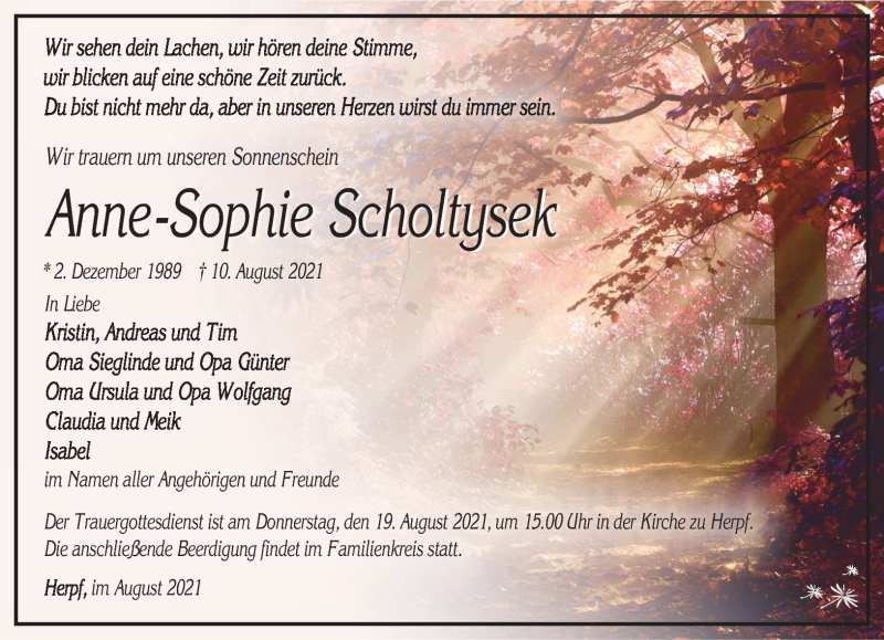  Traueranzeige für Anne-Sophie Scholtysek vom 17.08.2021 aus Südthüringer Presse