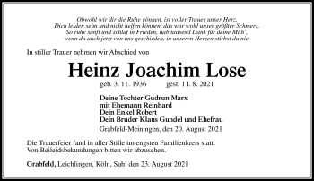 Traueranzeige von Heinz Joachim Lose von Südthüringer Presse
