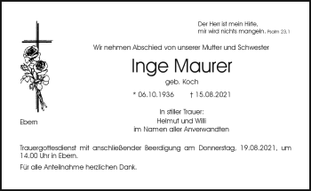 Traueranzeige von Inge Maurer von Neue Presse Coburg