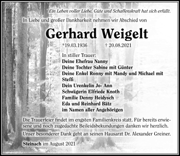 Traueranzeige von Gerhard Weigelt von Südthüringer Presse