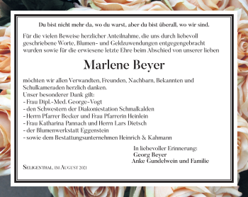 Traueranzeige von Marlene Beyer von Südthüringer Presse