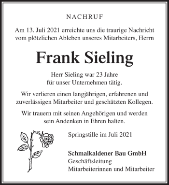 Traueranzeige von Frank Sieling von Südthüringer Presse