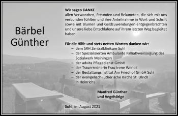 Traueranzeige von Bärbel Günther von Südthüringer Presse