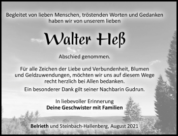 Traueranzeige von Walter Heß von Südthüringer Presse