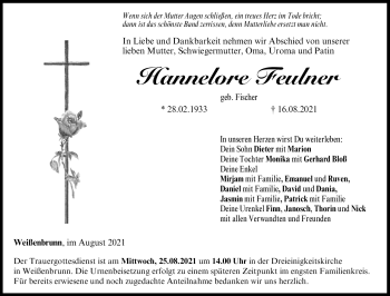 Traueranzeige von Hannelore Feulner von Neue Presse Coburg