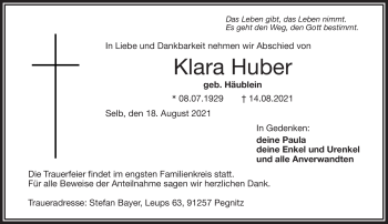 Traueranzeige von Klara Huber von Frankenpost