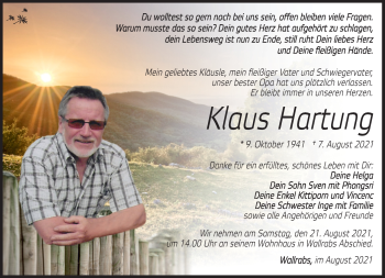 Traueranzeige von Klaus Hartung von Südthüringer Presse