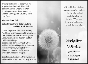 Traueranzeige von Brigitte Wittke von Südthüringer Presse