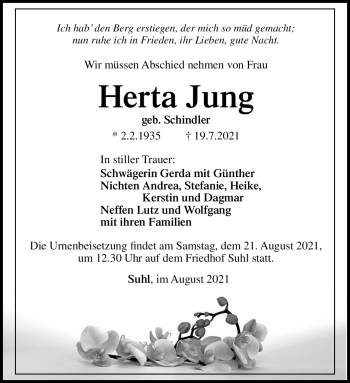 Traueranzeige von Herta Jung von Südthüringer Presse