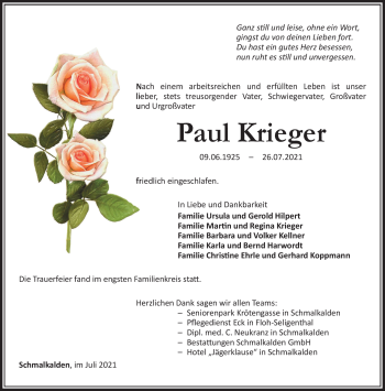Traueranzeige von Paul Krieger von Südthüringer Presse