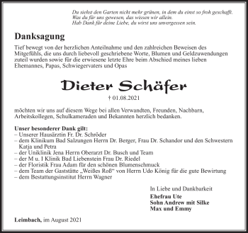 Traueranzeige von Dieter Schäfer von Südthüringer Presse