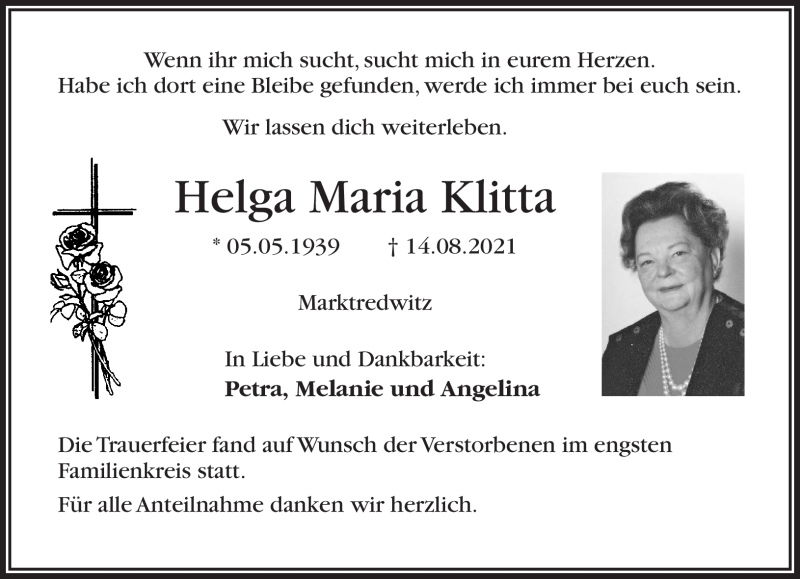  Traueranzeige für Helga Klitta vom 21.08.2021 aus Frankenpost