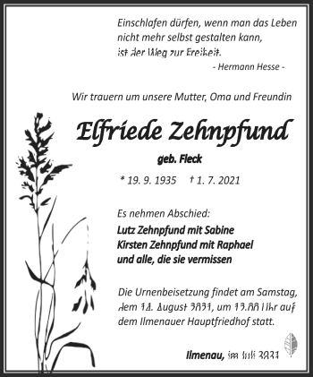 Traueranzeige von Elfriede Zehnpfund von Südthüringer Presse