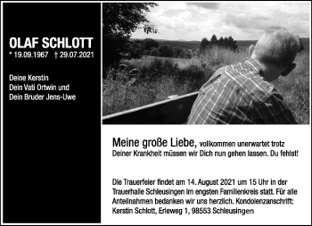 Traueranzeige von Olaf Schlott von Südthüringer Presse