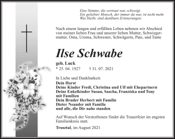 Traueranzeige von Ilse Schwabe von Südthüringer Presse