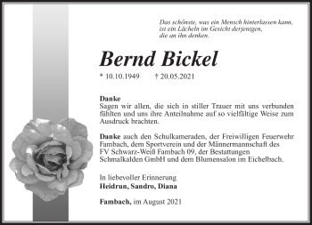 Traueranzeige von Bernd Bickel von Südthüringer Presse