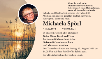 Traueranzeige von Michaela Spörl von Frankenpost