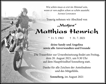 Traueranzeige von Mattias Henrich von Südthüringer Presse