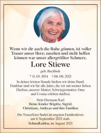Traueranzeige von Lore Stiewe von Südthüringer Presse
