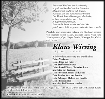 Traueranzeige von Klaus Wirsing von Südthüringer Presse