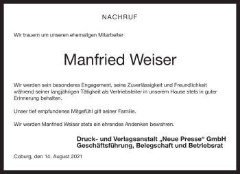 Traueranzeige von Manfried Weiser von Neue Presse Coburg