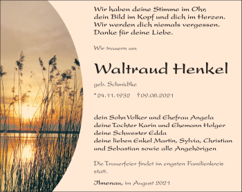 Traueranzeige von Waltraud Henkel von Südthüringer Presse