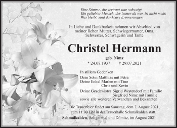 Traueranzeige von Christel Hermann von Südthüringer Presse