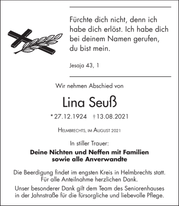 Traueranzeige von Lina Seuß von Frankenpost