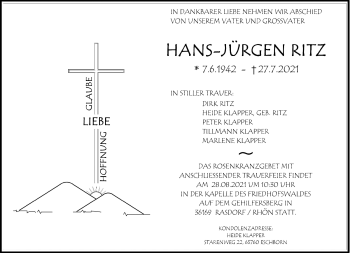 Traueranzeige von Hans-Jürgen Ritz von Südthüringer Presse