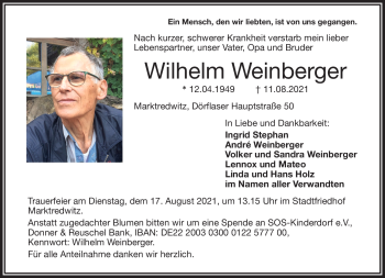 Traueranzeige von Wilhelm Weinberger von Frankenpost