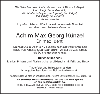 Traueranzeige von Dr. Achim Max Georg Künzel von Frankenpost