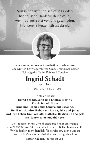 Traueranzeige von Ingrid Schadt von Südthüringer Presse