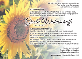 Traueranzeige von Gisela Wahnschaffe von Südthüringer Presse