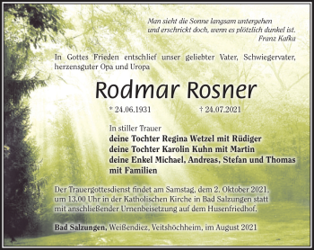Traueranzeige von Rodmar Rosner von Südthüringer Presse