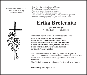 Traueranzeige von Erika Breternitz von Südthüringer Presse