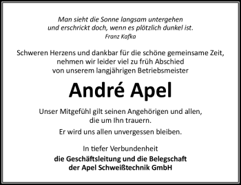 Traueranzeige von Andrè Apel von Neue Presse Coburg