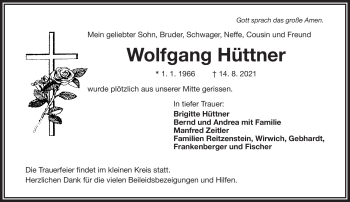 Traueranzeige von WolfgANG hÜTTNER von Frankenpost