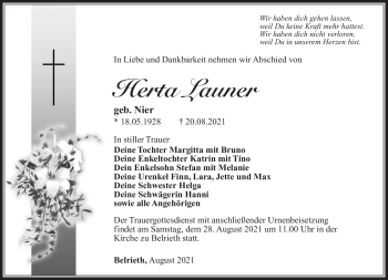 Traueranzeige von Herta Launer von Südthüringer Presse