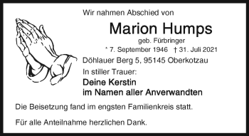 Traueranzeige von Marion Humps von Frankenpost