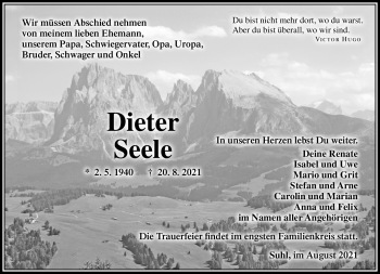 Traueranzeige von Dieter Seele von Südthüringer Presse