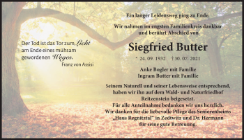 Traueranzeige von Siegfried Butter von Frankenpost