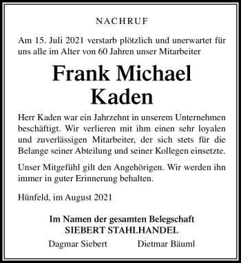 Traueranzeige von Frank Michael Kaden von Südthüringer Presse