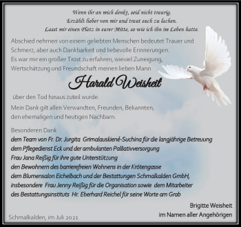 Traueranzeige von Harald Weisheit von Südthüringer Presse