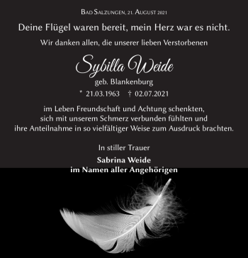 Traueranzeige von Sybilla Weide von Südthüringer Presse