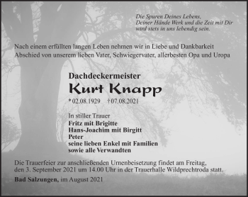 Traueranzeige von Kurt Knappe von Südthüringer Presse