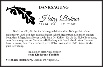 Traueranzeige von Heinz Bahner von Südthüringer Presse